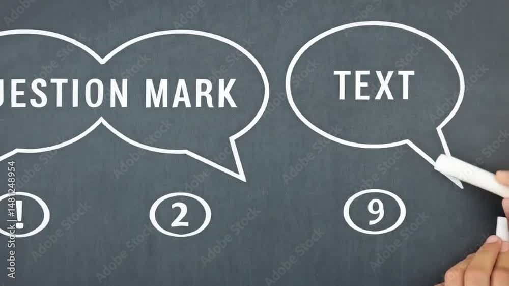 Poster hands writing question mark and text in speech bubbles on chalkboard with chalk pieces nearby