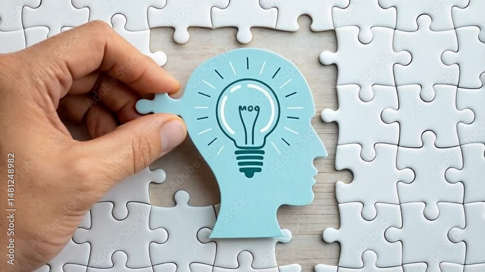 Poster Hands completing puzzle with head shape and lightbulb symbol on a white puzzle background view from above