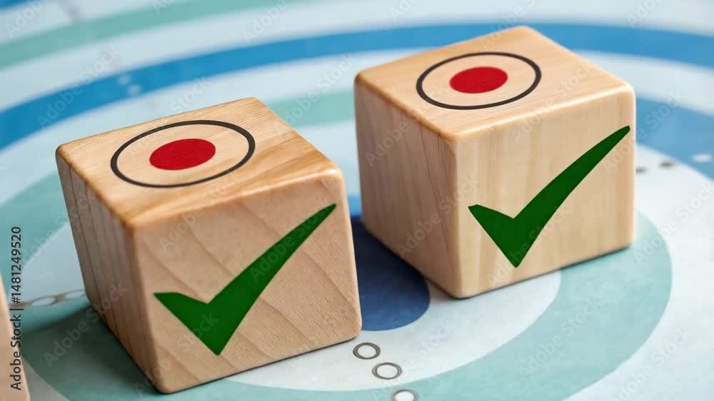 Aufkleber three wooden blocks with checkmarks and target symbols on a blue concentric circle background