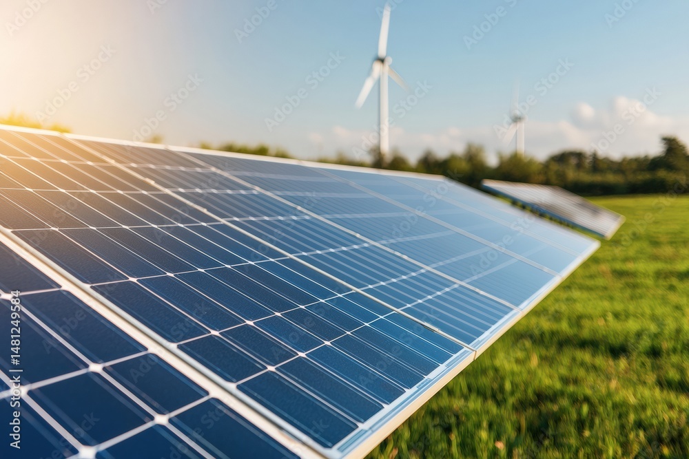 Aufkleber solar panels generating clean energy in a field with wind turbines