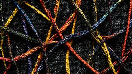 Intricate tapestry of colorful threads on dark fabric.