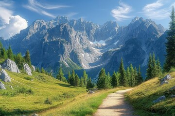 Obraz premium Scenic mountain landscape with towering rocky peaks under blue sky, lush green pine forest, grassy hills, and a winding dirt path inviting exploration