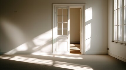 Fototapeta premium Open door to a sunlit clean room with simple decor, conveying peace and freshness in a minimalist space.