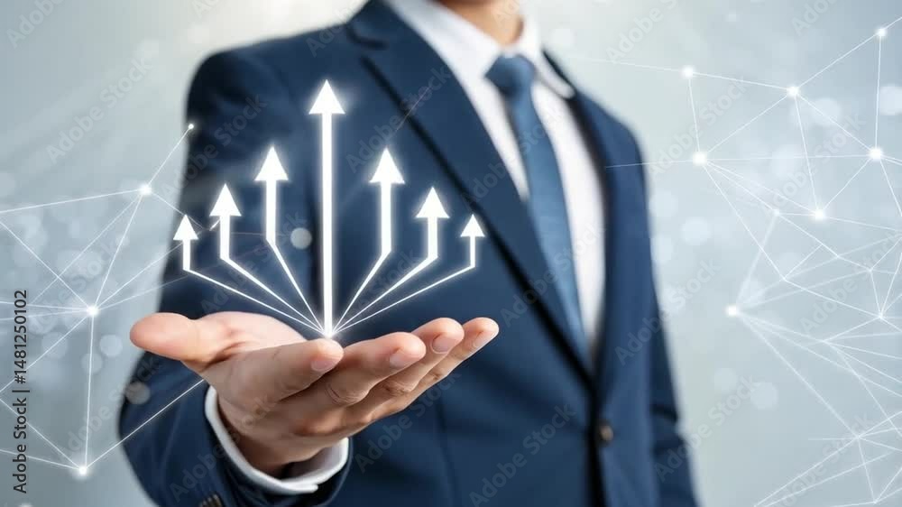 Poster man in suit holding glowing arrows with network background representing business growth concept