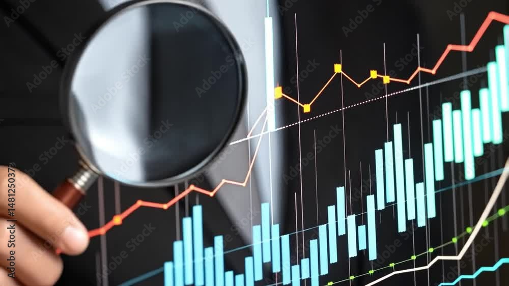 Poster man in suit analyzing stock market chart with magnifying glass for financial investment strategy