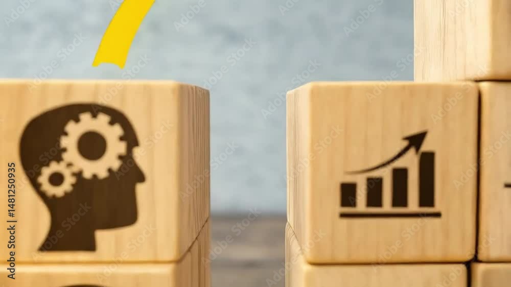 Poster Wooden blocks showing heads with gears and lightbulbs with a yellow arrow pointing towards them