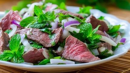 Fresh Mint Beef Salad with Onions and Herb Garnish