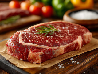 bright photograph of a cut of high-grade beef wrapped in butcher paper with a price tag, displayed on a butcher's counter,