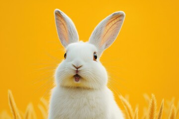 Close-up of a white rabbit with upright ears and surprised expression against a bright yellow background with blurred grass in foreground