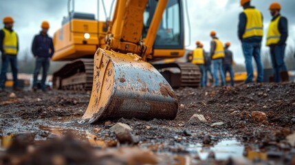 Fototapeta premium Close-up of muddy excavator bucket on wet soil with group of construction workers wearing orange helmets and yellow vests in background