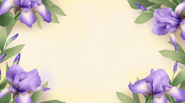Elegant Floral Frame with Soft Lavender Irises and Pale Yellow Background for Invitations and Greetings