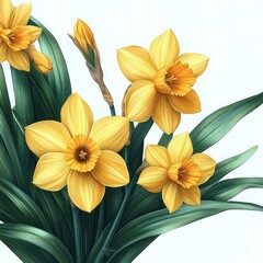 Fototapeta premium Four vibrant yellow daffodil flowers blooming with green elongated leaves against a white background