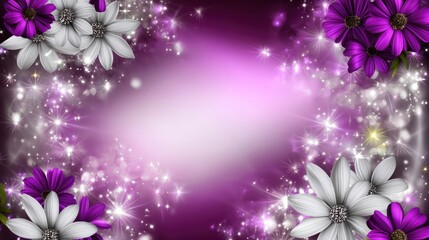 Obraz premium Sparkling Floral Dream: A Vibrant Background with Purple and White Flowers and Glittering Lights, Perfect for Adding a Touch of Magic