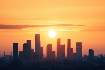 Fototapeta premium Modern skyline bathed in golden sunrise light with soft clouds