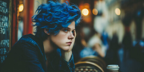 bright and modern photograph of a young man with vibrant blue hair coding on a laptop at a stylish coffee shop with large windows, a cup of coffee beside him,