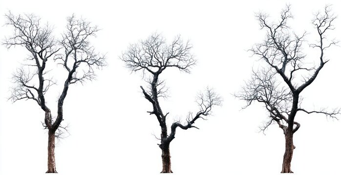 Three leafless trees with bare branches against a white background showing stark, twisted trunks and intricate branch patterns