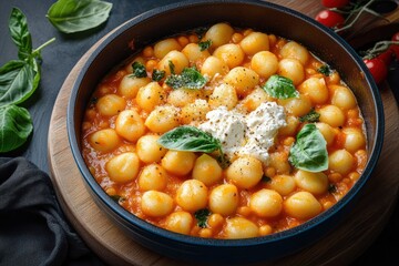 Close-up of a bowl of gnocchi in rich tomato sauce topped with fresh basil leaves, ricotta cheese, and cracked black pepper on a wooden surface