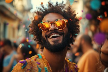 Happy bearded man with curly hair wearing colorful sunglasses and a vibrant outfit smiling joyfully at an outdoor celebration with confetti falling around