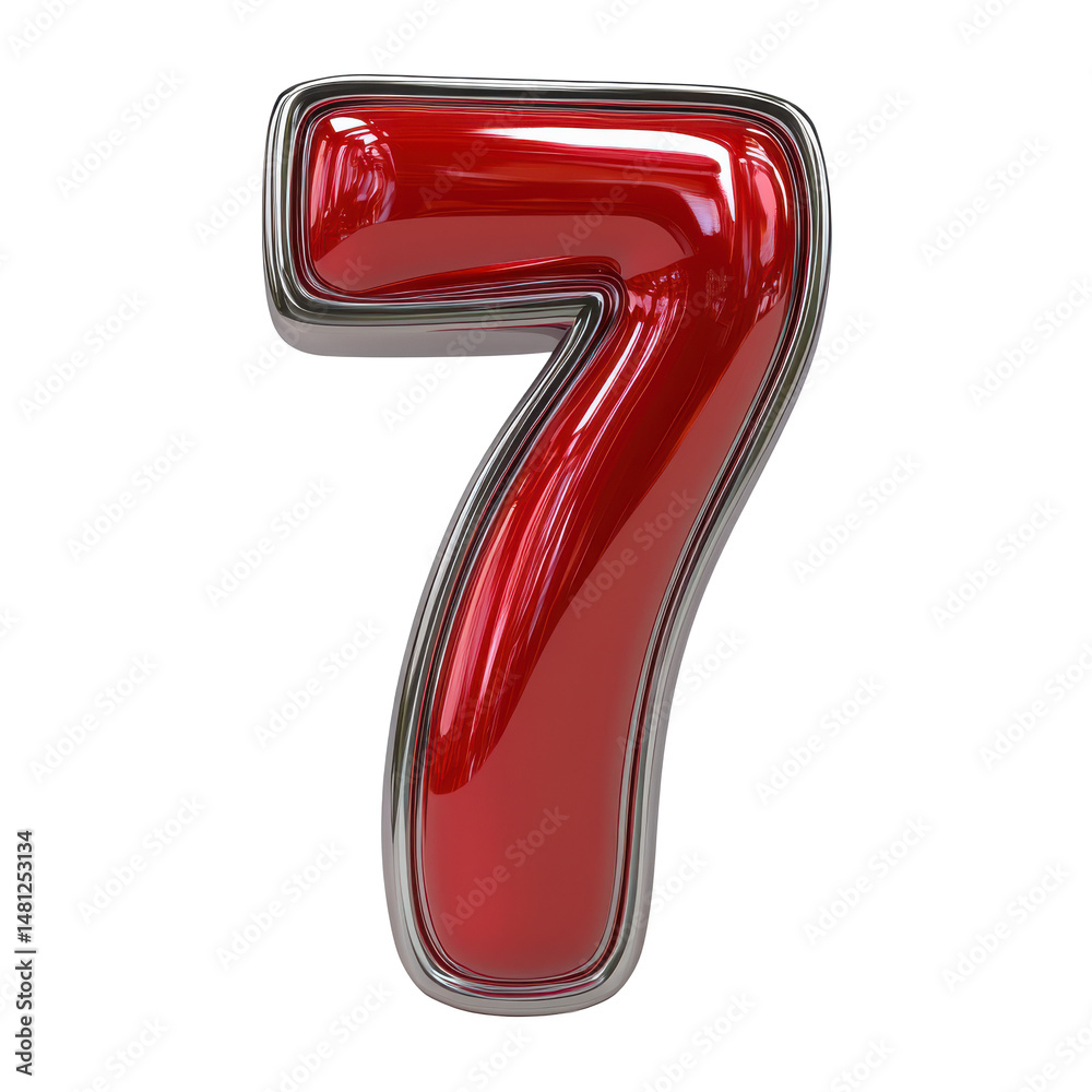 Poster red shiny number seven render graphic element for design and typography with chrome outline style