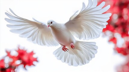 Obraz premium Graceful white dove in mid-flight with wings fully spread against a soft background with red foliage, evoking peace and serenity