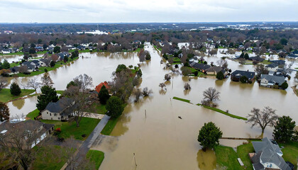 Fototapeta premium 住宅街で洪水に飲み込まれた家屋。自然災害。冠水。氾濫。Houses engulfed by floodwaters in a residential area. Natural disaster. Flooding. Inundation.