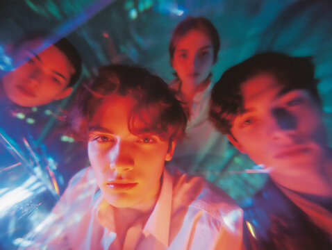 bright and vibrant abstract photograph with colorful lines connecting the heads of four young adults around a table, symbolizing the flow of communication and ideas, - Powered by Adobe