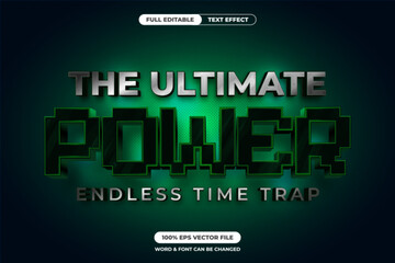 Futuristic 3D text effect with metallic silver and green neon style, ideal for sci-fi titles, tech intros, or game branding with a mysterious and powerful vibe