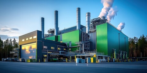 Large industrial factory complex with multiple tall chimneys emitting white smoke surrounded by forest under clear blue sky at sunset