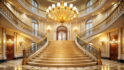 Fototapeta premium A grand staircase with a golden tiered platform at the top, leading up to a large chandelier , luxury
