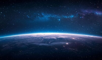 Obraz premium Earth’s horizon visible against a backdrop of shimmering stars.