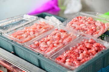 Fresh sashimi-grade golden shrimp meat, delicately arranged at Daxi Fishing Port in Yilan County, Taiwan. Known for its naturally sweet taste and tender texture.