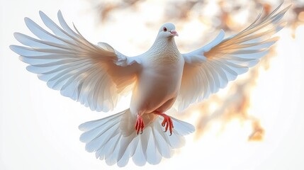 White dove with wings fully spread in mid-flight against blurred light background, symbolizing peace and freedom