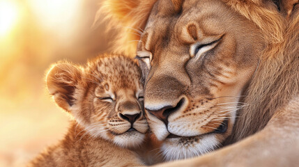 Naklejka premium Close-up of a lion and its cub sharing an intimate moment. Sunlight glows