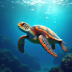 Fototapeta premium AI-generated sea turtle gracefully swimming underwater. Sunlight filters through the water, illuminating the turtle's vibrant colors and the surrounding coral reef. Bubbles float around it.