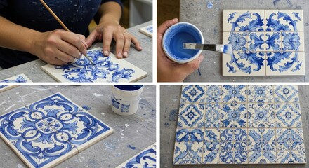 Hand-painted tile creation process.  Detailed steps showcasing the intricate design