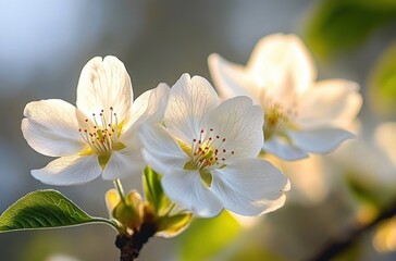 Obraz premium Close-up of delicate white cherry blossoms with fine veins on petals illuminated by soft sunlight against a blurred green and blue background conveying tranquility