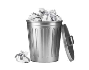 Metallic Gray Trash Can With Crumpled Paper