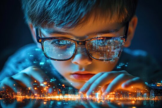 Young boy wearing glasses intently interacting with a holographic cityscape glowing with blue and orange lights in a dark environment