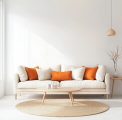 Bright Minimalist Living Room with Off White Sofa and Burnt Orange Pillows; Keywords living room, interior design, minimalist, modern, sofa, couch, off white sofa, beige rug, round rug, wooden coffee