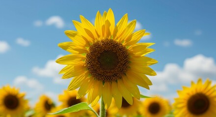 Obraz premium Radiant sunflower field under a clear blue sky with fluffy clouds creating an idyllic scene