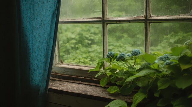 Blue Hydrangea Blooms by Rainy Window with Teal Curtain