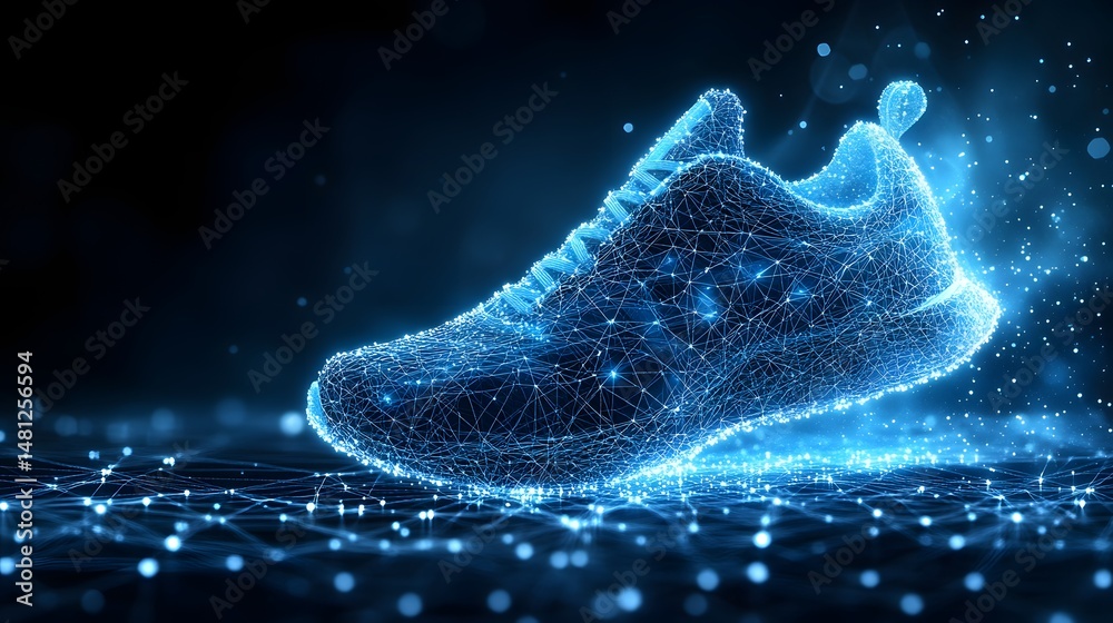 Aufkleber Futuristic footwear design showcasing innovation. A digitally rendered shoe glows with interconnected blue lines on a matching network surface. Abstract wireframe in dark blue.