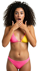 Naklejka premium Surprised young woman with voluminous curly dark hair wearing a vibrant pink and yellow bikini covers her mouth with both hands in a shocked expression against a plain transparent background.