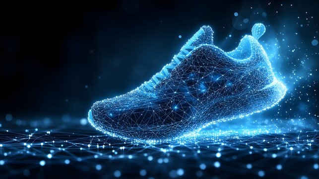Futuristic footwear design showcasing innovation. A digitally rendered shoe glows with interconnected blue lines on a matching network surface. Abstract wireframe in dark blue.