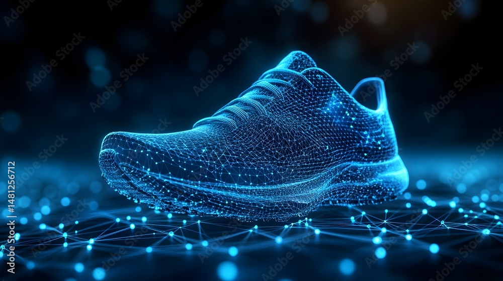 Leinwandbilder Futuristic running shoe rendered as a digital wireframe model. Interconnected blue lines define the form, emphasizing structure in the digital space. Abstract wireframe in dark blue