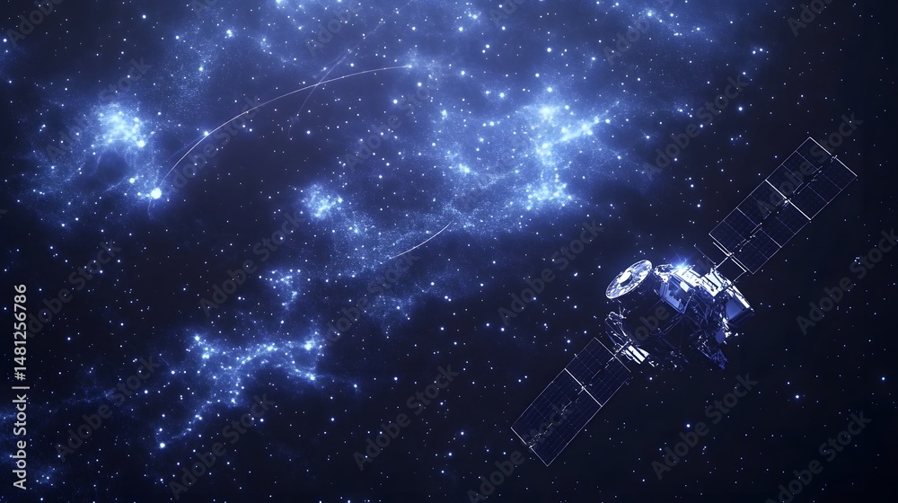 Poster a silver satellite orbits against a stunning nebula backdrop, showcasing advancements in space techn