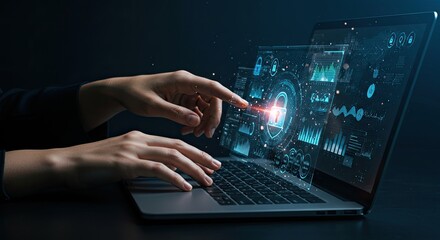 Hands on laptop with digital interface showing security concept