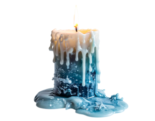 Blue And White Burning Candle With Melted Wax