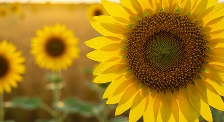 Obraz premium Radiant sunflower portrait bathed in golden light highlighting its complex seed head