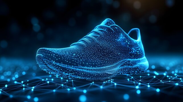 Futuristic running shoe rendered as a digital wireframe model. Interconnected blue lines define the form, emphasizing structure in the digital space. Abstract wireframe in dark blue